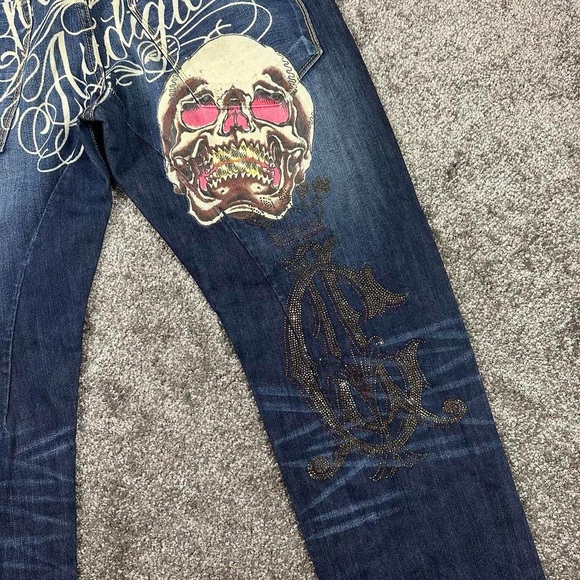 Christian Audigier Denim Jeans 36X34 Skull Back Logo Rhinestones Embroidery - Picture 9 of 16